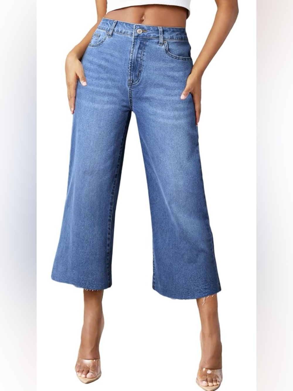 Sidefeel Medium Wash High Rise Cropped Wide Leg Jeans Minimalist Size 10